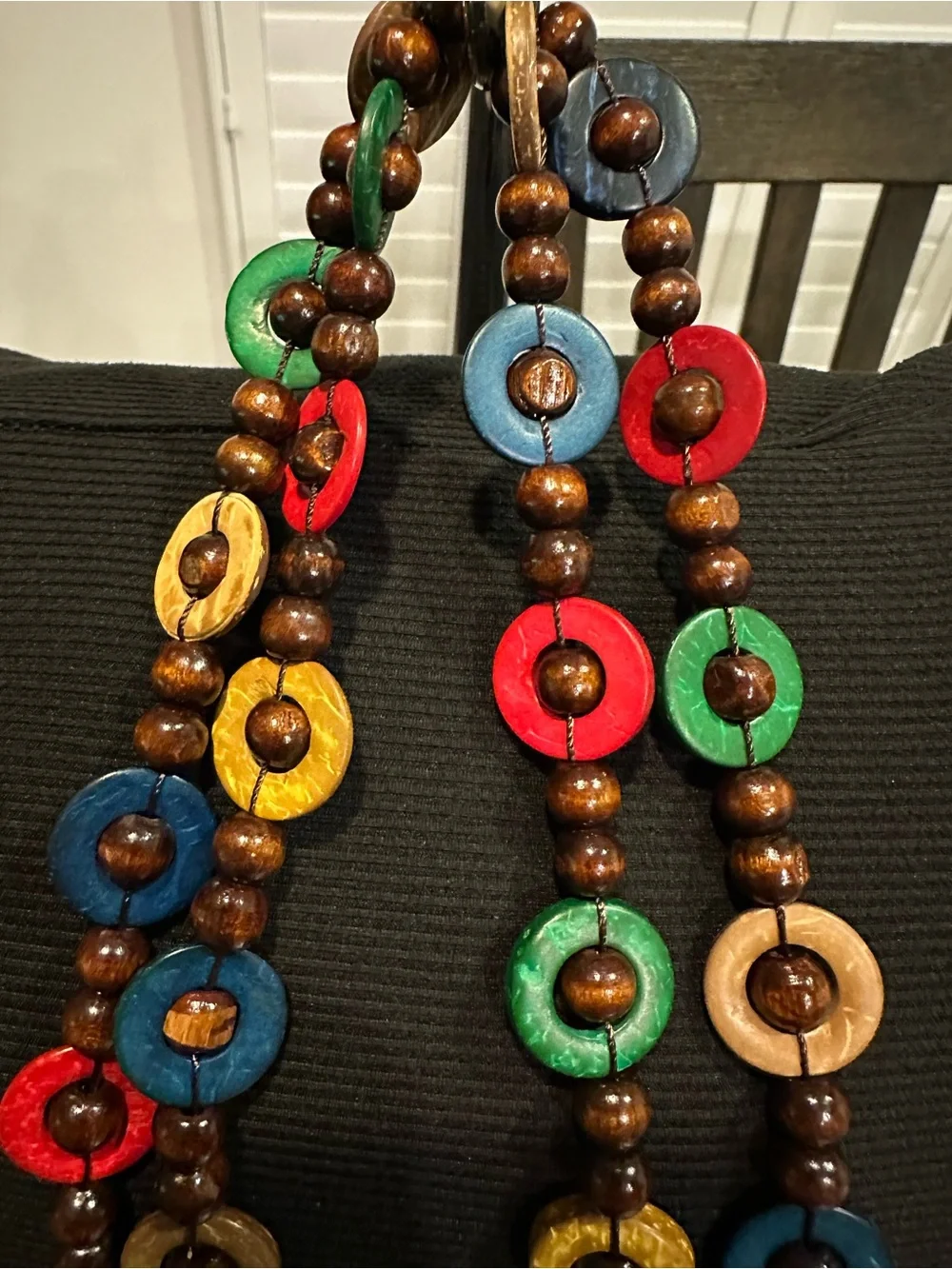 Vintage Bohemian Long Multi-Color Wood & Coconut Shell Disc Strand Neckla